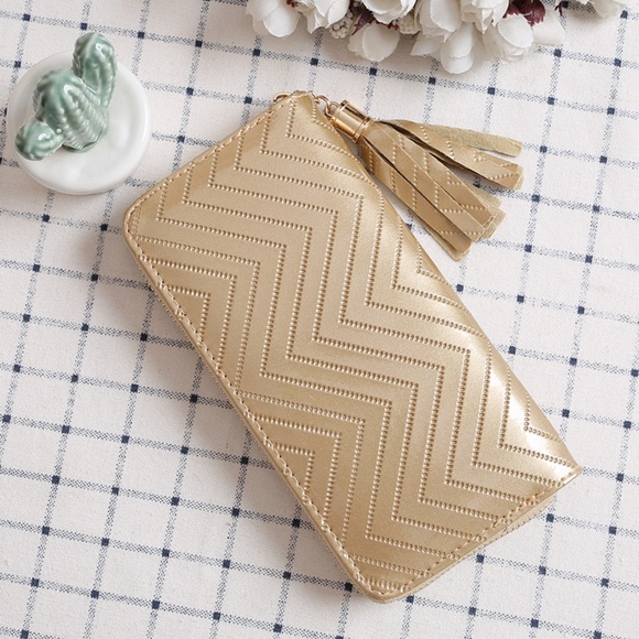 $10 ADD ON ITEM- Gold Chevron Pattern Tassel Wallet Stylish Zippered Clutch - Picture 7 of 10